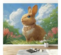 Carta da Parati in Tessuto Non Tessuto Pittura a Olio Foresta Animali Conigli, Affresco Murale Design Stile Cartone Animato 350L x 256A cm per Camera - Carta da Parati Panoramica Facile da Applicare
