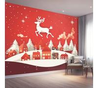 Carta da parati in tessuto non tessuto Rosso Bianco, Murale moderno Elementi natalizi Renna Architettura, Non autoadesivo, 200 x 140 cm Adatto per la decorazione della camera da letto e del soggiorno