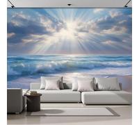 Carta da Parati in Tessuto Seta Al Mare Alba, Affresco Murale Design Blu Bianco 400L x 280A Cm per Salotto Camera da letto Ufficio Corridoio Decorazione Murali