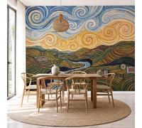 Carta da Parati in Tessuto Seta Pittura Ad Olio Paesaggio, Affresco Murale Design Blu Cobalto Arancione 400L x 280A Cm per Salotto Camera da letto Ufficio Corridoio Decorazione Murali