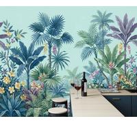 Carta da Parati in Tessuto Seta Sud-Est Asiatico Giungla Tropicale, Affresco Murale Design Verde Menta Blu 350L x 256A Cm per Salotto Camera da letto Ufficio Corridoio Decorazione Murali