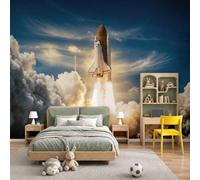 Carta da Parati in Tessuto Seta Tema Del Volo Spaziale, Affresco Murale Design Blu Oro 400L x 280A Cm per Salotto Camera da letto Ufficio Corridoio Decorazione Murali