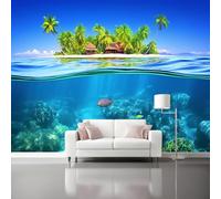 Carta Da Parati Isole Tropicali Spiagge Pesci - Blu Decorazione Poster Arte Murale, Soggiorno Carta da Parati Non Tessuta per Ufficio Camera Da Letto Decorare 350 x 256 cm