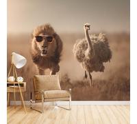 Carta Da Parati Leone Struzzo, Carta Da Parati Moderna Animale Divertente 400X280cm Aggiorna Lo Stile Della Casa Applicazione Pulita E Veloce Adatto A Camere Da Letto E Camerette Allineamento