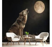 Carta Da Parati Lupo Al Chiaro Luna Stampa Ad Alta Definizione, Animali Fantastici Per Pareti Soggiorno Cucina Bagno Corridoio Sala - Rotolo Di 450X315Cm Resistente Nero