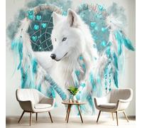 Carta Da Parati Lupo Bianco Fantasy 450X315Cm Carta Da Parati In Tessuto Di Seta Acchiappasogni Con Piume Decorazione Soggiorno Camera De Letto Sala Ufficio Bianco