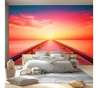 Carta da Parati Materiale di Seta Scenario Marino Fotografica Decorazione Autoadesiva Murale, Poster da Parete per Camera da Letto Sala Camera dei Bambini 400 x 280 cm Arancione Molo Mare Tramonto