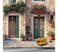 Carta Da Parati Mediterraneo Panoramica 3D Non Tessuto - Paesaggio Del Cancello Fiorito Di Una Piccola Città Fotomurale Per Soggiorno Camera Da Letto, Poster Gigante Design Moderno 350 X 256 Cm