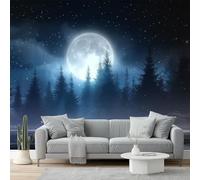 Carta da parati moderna, 400 x 280 cm Poster Gigante Design Carta per Pareti 3D Foresta silenziosa nella notte illuminata per camera letto,soggiorno, Decorazione da Muro Colore blu freddo