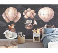 Carta Da Parati Mongolfiere, elefanti, pinguini, Carta Da Parati Fotografica Acquerello in stile per bambini, Grigio scuro Decorazione Da Parete 3D Effetto per Camera Da Letto Soggiorno 400x280cm