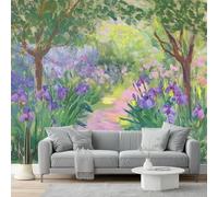 Carta da Parati Murale 200 x 140 cm, Carta da Parati Adesiva in Tessuto Non Tessuto con Iris Viola Giardino, Stile Pittura A Olio Decorazione da Parete per Soggiorno e Camera da Letto
