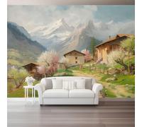 Carta da Parati Murale 250 x 175 cm - Pittura A Olio Campagna Cottage Valle Carta da Parati Non Tessuta Verde Fotografica, Poster Decorativo per Soggiorno Sfondo TV e Divano