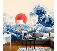 Carta Da Parati Murale 300x210cm Onde Oceaniche Monte Fuji Sole Rosso 3D Camere Letto Cucine Soggiorni Fotomurali Blu Parete Da Dei Murale Stile Giapponese Ukiyo-E Gigante Il Fondo Del Salone