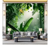 Carta da Parati Murale 350 x 256 cm, Adesiva in Tessuto Non Tessuto con Fiore Di Uccello Del Paradiso Foglie Di Banano Verde, Foresta Pluviale Decorazione da Parete per Soggiorno e Camera da Letto