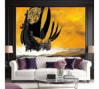 Carta da Parati Murale 350 x 256 cm, Carta da Parati Adesiva in Tessuto Non Tessuto con Onde Navi Lunghe Vichinghe, Tramonto Giallo Decorazione da Parete per Soggiorno e Camera da Letto
