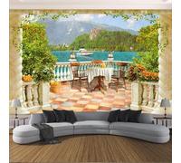 Carta Da Parati Murale 3D Balcone Retrò Con Vista Lago Carta Da Parati Fotografica 3D,Murale,Soggiorno,Camera Da Letto,Sfondo Da Soffitto,Decorazione,Dipinto 350x245cm