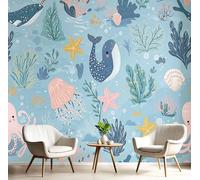 Carta Da Parati Murale 3D Blu-Verde Conchiglie Di Stelle Marine Soggiorno Camera Ufficio Letto Sfondo Decorazione Muro Poster Gigante Adesivo Oceano Di Colori Artistico Pittura Su Seta,250X170Cm