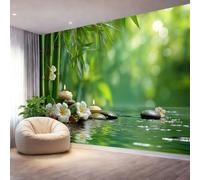 Carta da Parati Murale 3D Stile Zen Foresta Di Bambù Frangipani, 350 x 256 cm Carta da Parati Fotografica Stampata Murale Decorativo in Tessuto Non Tessuto Design Poster, Colorato