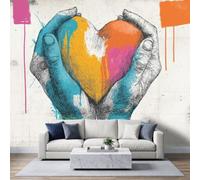 Carta da parati murale a forma di cuore gigante con mani a coppa, 200 x 140 | Decorazione artistica da parete in tessuto non tessuto, motivo graffiti romantici, poster pop art per soggiorno