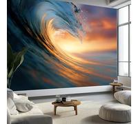 Carta da parati murale astratta con onde del mare e tramonto 400 x 280 cm, multicolore per camera da letto, soggiorno, cameretta dei bambini, decorazione artistica da parete art deco - carta da parati