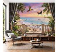 Carta Da Parati Murale Balcone Tramonto Mare 250x175cm Fotomurali Effetto 3D | Carta Da Parati Seta Vista Mare Dalla Finestra In Stile Europeo per Casa Ufficio Camera Da Letto Soggiorno Decor Murale