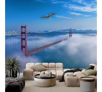 Carta da parati murale blu con effetto 3D, cielo blu, nuvole bianche e ponte, ideale per soggiorno, camera da letto, cameretta dei bambini, parete dietro la TV, 200 cm x 140 cm.