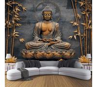 Carta Da Parati Murale Buddha seduto a gambe incrociate sul bambù 3D, Per Camera Da Letto,Decorazione Domestica, 250x175cm Murale credenze religiose Decorazione Poster Da Parete, Nero e oro