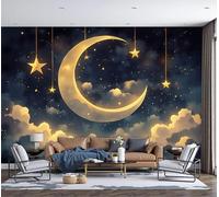 Carta Da Parati Murale Cielo Stellato Da Sogno 3D, Per Camera Da Letto, Soggiorno,400L×280Acm Murale Una Nuova Luna Brilla Alta Nel Cielo Decorazione Poster Da Parete, Giallo Dorato
