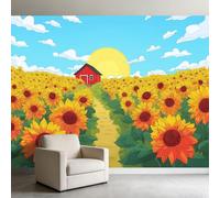 Carta da parati murale con campo di girasoli per ragazzi e ragazze, colore giallo e blu, poster in tessuto non tessuto, decorazione per la casa alla moda per bambini, arte murale 3D 300 x 210 cm