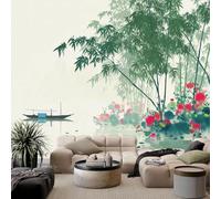 Carta da parati murale con effetto 3D a inchiostro, stile foresta di bambù e fiori, ideale per soggiorno, camera da letto, cameretta dei bambini, parete dietro la TV, 300 cm x 210 cm.
