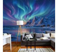 Carta da parati murale con effetto 3D con paesaggio fantasy - Tessuto in seta con arcipelago Aurora blu-verde, carta da parati per soggiorno e camera da letto, 250 cm x 175 cm
