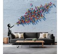 Carta da parati murale con effetto 3D Ragazza su muro di mattoni con graffiti, bianca, ideale per soggiorno, camera da letto, cameretta dei bambini, parete dietro la TV, 430 cm x 300 cm.