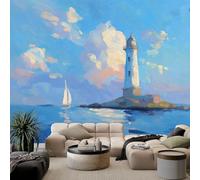Carta da parati murale con faro isola barca a vela nuvole bianche 400 x 280 cm, carta da parati blu per camera da letto, soggiorno, cameretta dei bambini, decorazione Art Deco - carta da parati