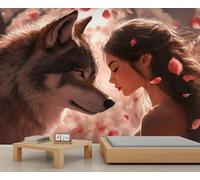 Carta da parati murale con lupo e petali che cadono per ragazze, da sogno, per camera da letto e soggiorno, 150 cm x 105 cm