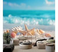 Carta da parati murale con onde sulla spiaggia, conchiglie, stella marina, 250 x 175 cm, multicolore per camera da letto, soggiorno, cameretta dei bambini, decorazione artistica da parete art deco