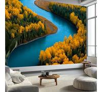 Carta da parati murale con paesaggio naturale con pineta ruscello, 400 x 280 cm, carta da parati gialla per camera da letto, soggiorno, cameretta dei bambini, decorazione artistica da parete art deco
