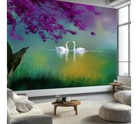 Carta da parati murale con paesaggio sognante con lago dei cigni, 350 x 256 cm, verde chiaro, murales per camera da letto, soggiorno, cameretta dei bambini, decorazione artistica da parete art deco