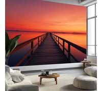 Carta da parati murale con ponte in legno e cielo sfumato all'alba, 300 x 210 cm (larghezza x altezza), poster fotografico da parete, effetto 3D, decorazione artistica da parete per camera da letto