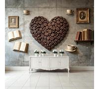 Carta da parati murale con torrefazione di caffè a forma di cuore in grani di caffè, struttura in cemento industriale, tessuto autoadesivo rimovibile, decorazione da parete per soggiorno, camera da