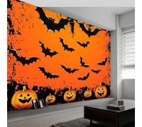 Carta da parati murale con zucca e pipistrello di Halloween, 200 x 140 cm, arancione per camera da letto, soggiorno, cameretta dei bambini, decorazione artistica da parete art déco, carta da parati