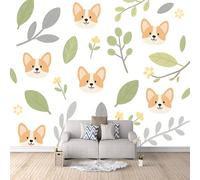 Carta da Parati Murale Corgi Dei Cartoni Animati 400x280 cm Fotomurali Effetto 3D, Foglie Verdi Decorazione Poster Arte Murale Moderna per Casa Ufficio Camera Da Letto Soggiorno.