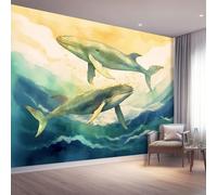 Carta da parati murale decorativa Colorato, Design moderno Acquerello Onirico Balena Mare di Nuvole, stampa HD, traspirante e resistente, ideale per salotto, camera da letto o ufficio 400 x 280 cm