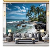 Carta da parati murale decorativa Colorato, Design moderno Spiagge tropicali onde palme rocce, stampa HD, traspirante e resistente, ideale per salotto, camera da letto o ufficio 250 x 175 cm