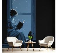 Carta Da Parati Murale Effetto 3D 250X175Cm - La Ragazza Che Legge Un Libro Carta Da Parati In Fotomurali, Fumetto Minimalista Quadri Murali Murale Decorazione, Adatto Per Soggiorno Camera Letto