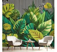Carta Da Parati Murale Effetto 3D 300×210Cm - Foglie Di Palma Tropicale Carta Da Parati In Fotomurali, Strisce Bianche E Nere Quadri Murali Murale Decorazione, Adatto Per Soggiorno Camera Letto Verde