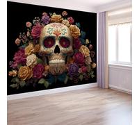 Carta da parati murale effetto 3D Teschio Di Rosa Del Giorno Dei Morti 450 x 280 cm Decorazione Murale Soggiorno Camera Da Letto, resistente ai raggi UV, Nero
