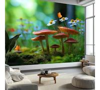 Carta da parati murale fantasia con funghi margherite e foresta 200 x 140 cm, verde chiaro, murales per camera da letto, soggiorno, cameretta dei bambini, decorazione artistica da parete art deco