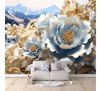 Carta da Parati Murale Fiori Blu 300x210 cm Fotomurali Effetto 3D, Paesaggio In Stile Cinese Decorazione Poster Arte Murale Moderna per Casa Ufficio Camera Da Letto Soggiorno.