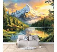 Carta da Parati Murale Foresta Del Lago Di Montagna Innevata 400x280 cm Fotomurali Effetto 3D, Paesaggio Naturale Decorazione Poster Arte Murale Moderna per Casa Ufficio Camera Da Letto Soggiorno.