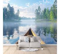 Carta da Parati Murale Lago Barca A Vela Foresta 400x280 cm Fotomurali Effetto 3D, Paesaggio Naturale Decorazione Poster Arte Murale Moderna per Casa Ufficio Camera Da Letto Soggiorno.